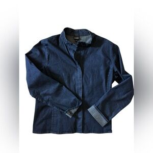 Eileen Fisher Jacket Blazer Women's M Blue Denim Full Zip Mock Neck Cotton Blend